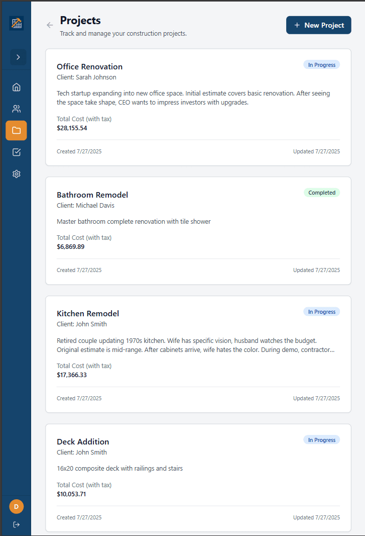 Projects view optimized for tablet and mobile devices